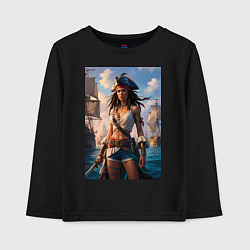 Лонгслив хлопковый детский Пиратка на фона флотилии кораблей, цвет: черный