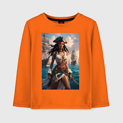 Лонгслив хлопковый детский Пиратка на фона флотилии кораблей, цвет: оранжевый