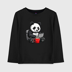 Детский лонгслив Панда с кофе за ноутбуком