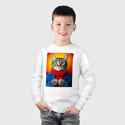 Лонгслив хлопковый детский Котик в вязаной кофте, цвет: белый — фото 2