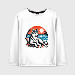 Лонгслив хлопковый детский Хаски отдыхает на пляже, цвет: белый