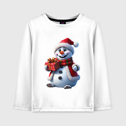 Лонгслив хлопковый детский Новогодний снеговик в красной шапке, цвет: белый