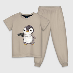 Пижама хлопковая детская Пингвин с пистолетом, цвет: миндальный