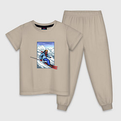 Пижама хлопковая детская Лыжный Спорт, цвет: миндальный