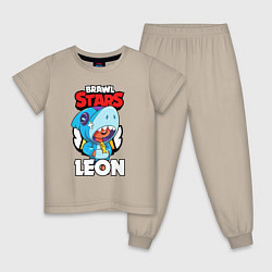 Пижама хлопковая детская BRAWL STARS LEON SHARK, цвет: миндальный