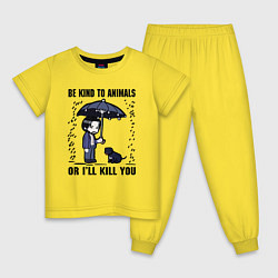 Пижама хлопковая детская Be kind to animals or I'll kil, цвет: желтый