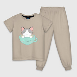 Пижама хлопковая детская Чайный котик, цвет: миндальный