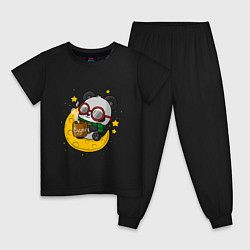 Пижама хлопковая детская Панда на луне, цвет: черный