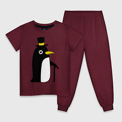 Пижама хлопковая детская Пингвин в шляпе, цвет: меланж-бордовый