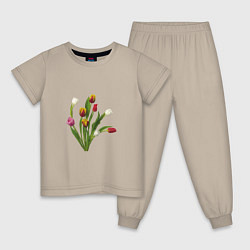 Пижама хлопковая детская Букет разноцветных тюльпанов, цвет: миндальный