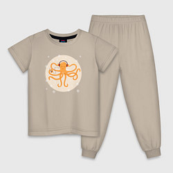 Пижама хлопковая детская Осьминог в наушниках, цвет: миндальный