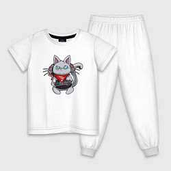 Пижама хлопковая детская Кот - геймер, цвет: белый