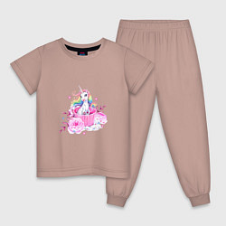Пижама хлопковая детская Милый единорог среди пионов, цвет: пыльно-розовый