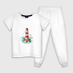 Пижама хлопковая детская Маяк на острове среди волн, цвет: белый