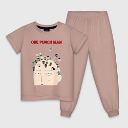 Пижама хлопковая детская Все персонажи One Punch-Man на голове Сайтамы, цвет: пыльно-розовый