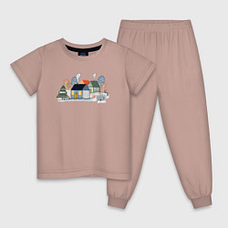 Пижама хлопковая детская Домики зимой, цвет: пыльно-розовый