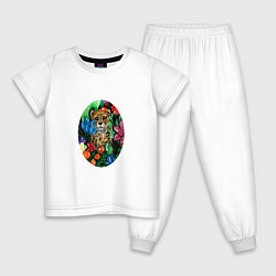 Пижама хлопковая детская Гепард в сад с тропическими цветами, цвет: белый