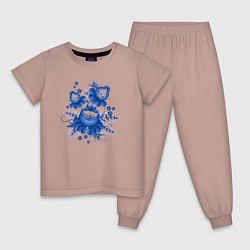 Пижама хлопковая детская Голубой орнамент Гжель, цвет: пыльно-розовый