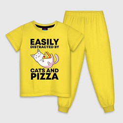 Пижама хлопковая детская Легко отвлекаюсь на котов и пиццу, цвет: желтый