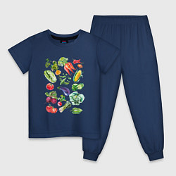 Пижама хлопковая детская Акварельная иллюстрация Овощи, цвет: тёмно-синий