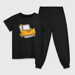 Пижама хлопковая детская Котик лежит на ноутбуке, цвет: черный