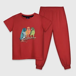 Пижама хлопковая детская Три волнистых попугая на ветке, цвет: красный
