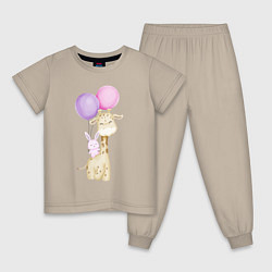 Пижама хлопковая детская Милый Жирафик и Крольчонок С Шариками, цвет: миндальный