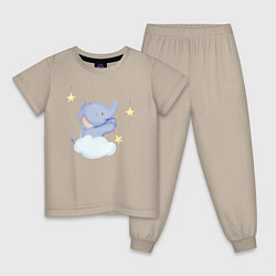 Пижама хлопковая детская Милый Слонёнок Стоит На Облаке и Развешивает Звёзд, цвет: миндальный