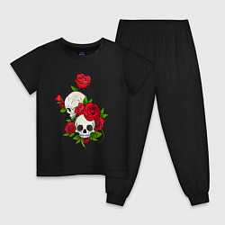 Пижама хлопковая детская Розы окутывают два черепа, цвет: черный