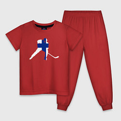 Пижама хлопковая детская Хоккеист с флагом Финляндии, цвет: красный