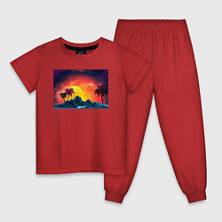 Пижама хлопковая детская Пляж и пальмы абстрактный ретро дизайн, цвет: красный