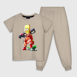 Пижама хлопковая детская Крутой Барт Симпсон с оружием на плече и скейтборд, цвет: миндальный