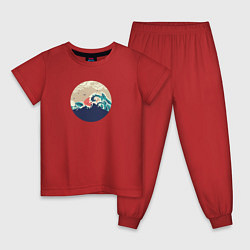 Пижама хлопковая детская Большие океанские волны и силуэт острова на закате, цвет: красный
