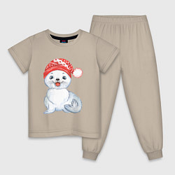 Пижама хлопковая детская Новогодний тюлень, цвет: миндальный