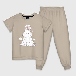 Пижама хлопковая детская Милый белый зайчик с сердечками, цвет: миндальный