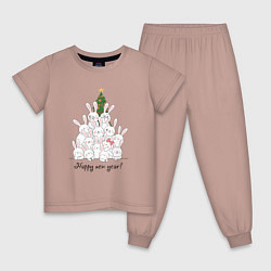 Пижама хлопковая детская Кролики и новогодняя елка, цвет: пыльно-розовый