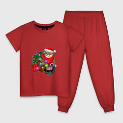 Пижама хлопковая детская Новогодний манул с подарком, цвет: красный