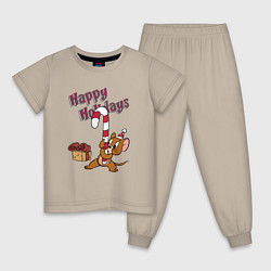 Пижама хлопковая детская Джерри с новогодним леденцом, цвет: миндальный