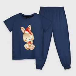 Пижама хлопковая детская Зайчик в новогоднем колпаке, цвет: тёмно-синий