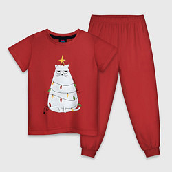Пижама хлопковая детская Кот-ёлка, цвет: красный