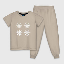 Пижама хлопковая детская Новогодние белые снежинки, цвет: миндальный