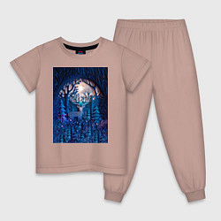 Пижама хлопковая детская Объемная иллюстрация из бумаги лес и олень на сине, цвет: пыльно-розовый