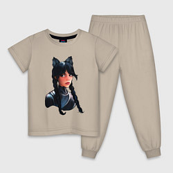 Пижама хлопковая детская Чёрная кошка Уэнсдэй, цвет: миндальный
