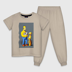 Пижама хлопковая детская Homer Simpson and cats - нейросеть арт, цвет: миндальный