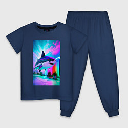 Пижама хлопковая детская Неоновая акула - нейросеть, цвет: тёмно-синий