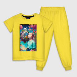 Пижама хлопковая детская Девочка и Тоторо - фантазия - нейросеть, цвет: желтый