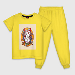 Пижама хлопковая детская Иллюстрация маски кицунэ, цвет: желтый