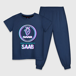 Пижама хлопковая детская Значок Saab в стиле glitch, цвет: тёмно-синий