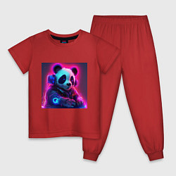 Пижама хлопковая детская Диджей панда в свете неона, цвет: красный