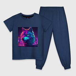 Пижама хлопковая детская Волк в свете неонового киберпанк-города, цвет: тёмно-синий